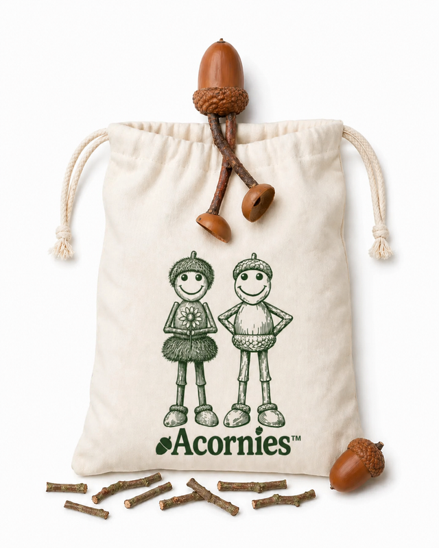A cotton bag showing the Acornies logo and two acorn characters with twig stub arms. An acorn with twig legs peeks out the top.