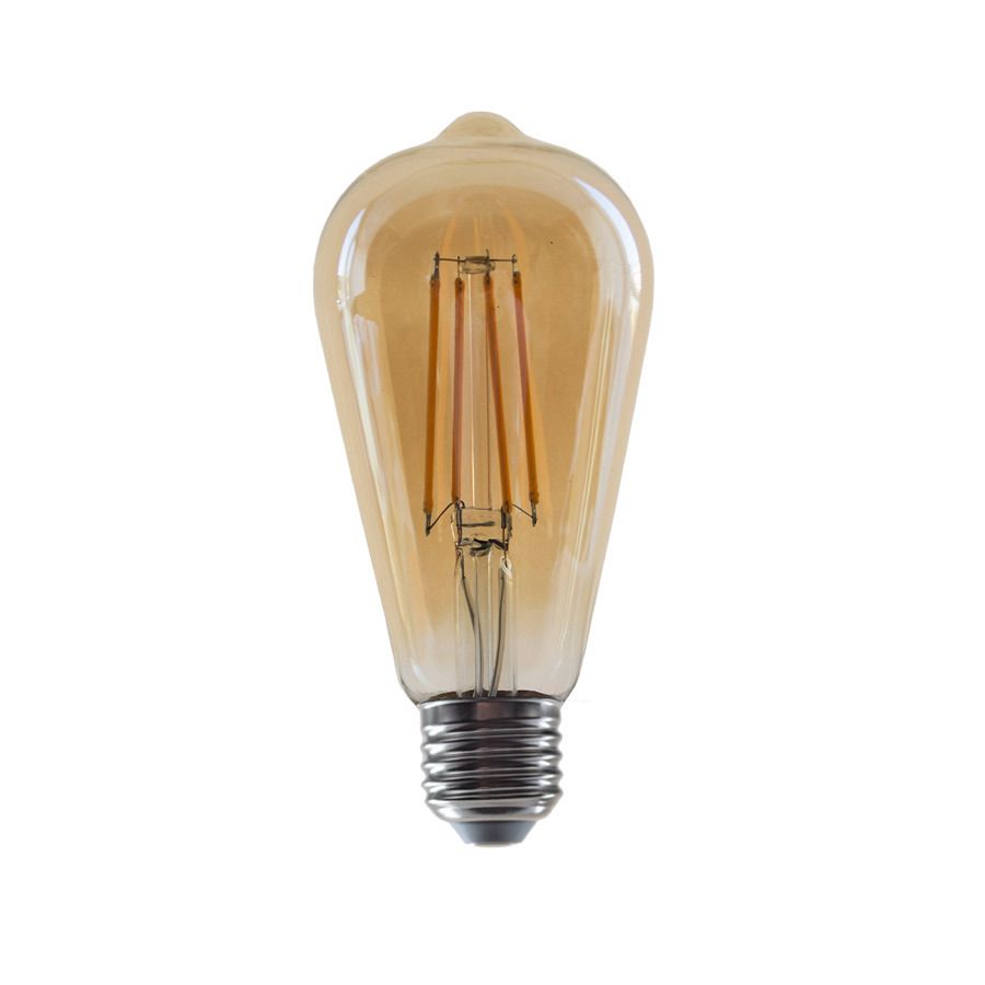 Bombilla LED estilo Edison de color ámbar con filamentos expuestos y base plateada.