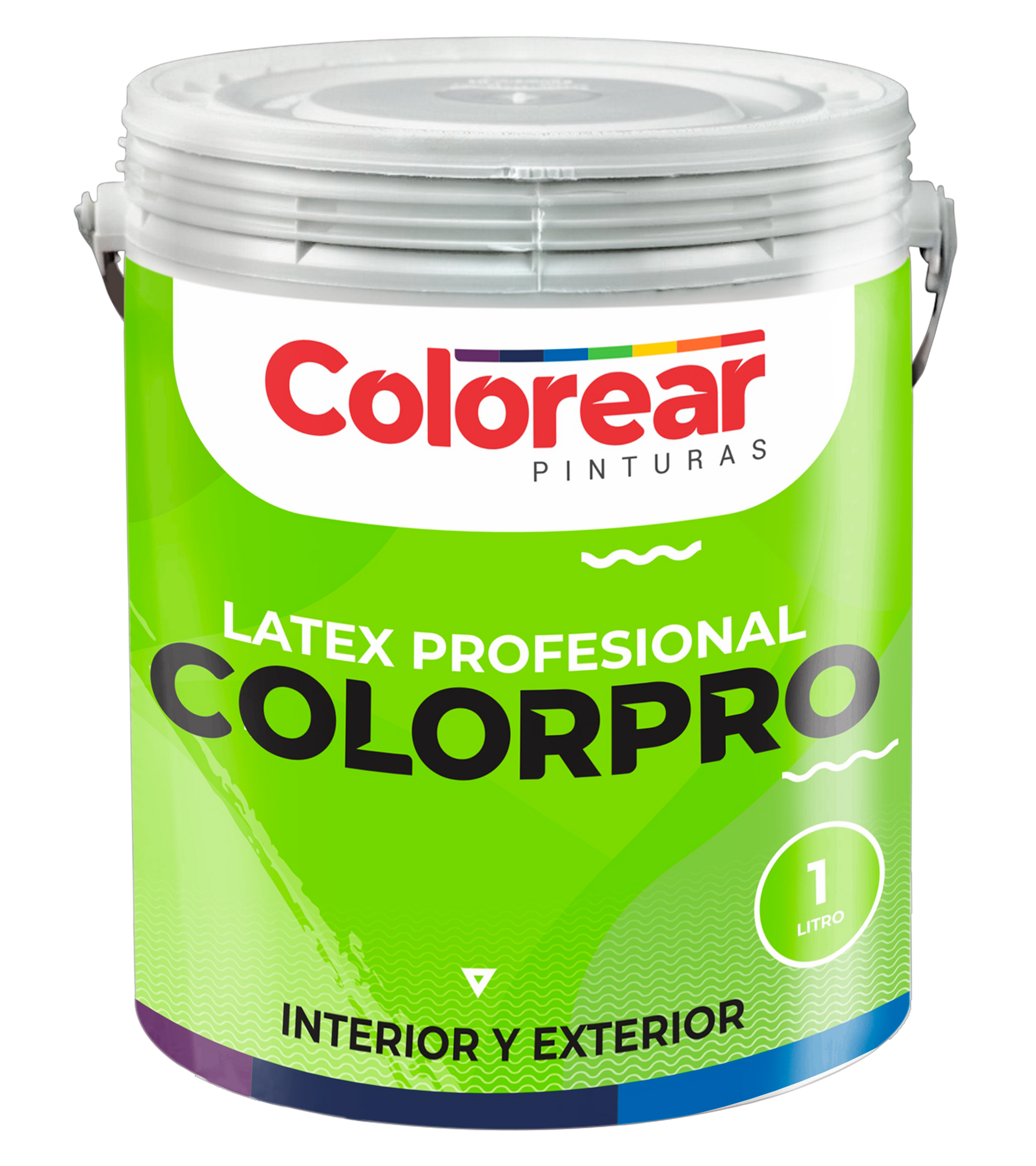 Lata de pintura verde con etiquetas “COLORPRO” y “INTERIOR Y EXTERIOR”.