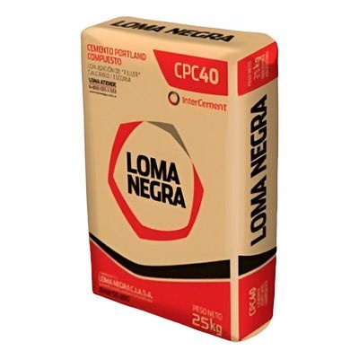 Saco de cemento Loma Negra CPC40, envase beige y rojo, 25 kg.