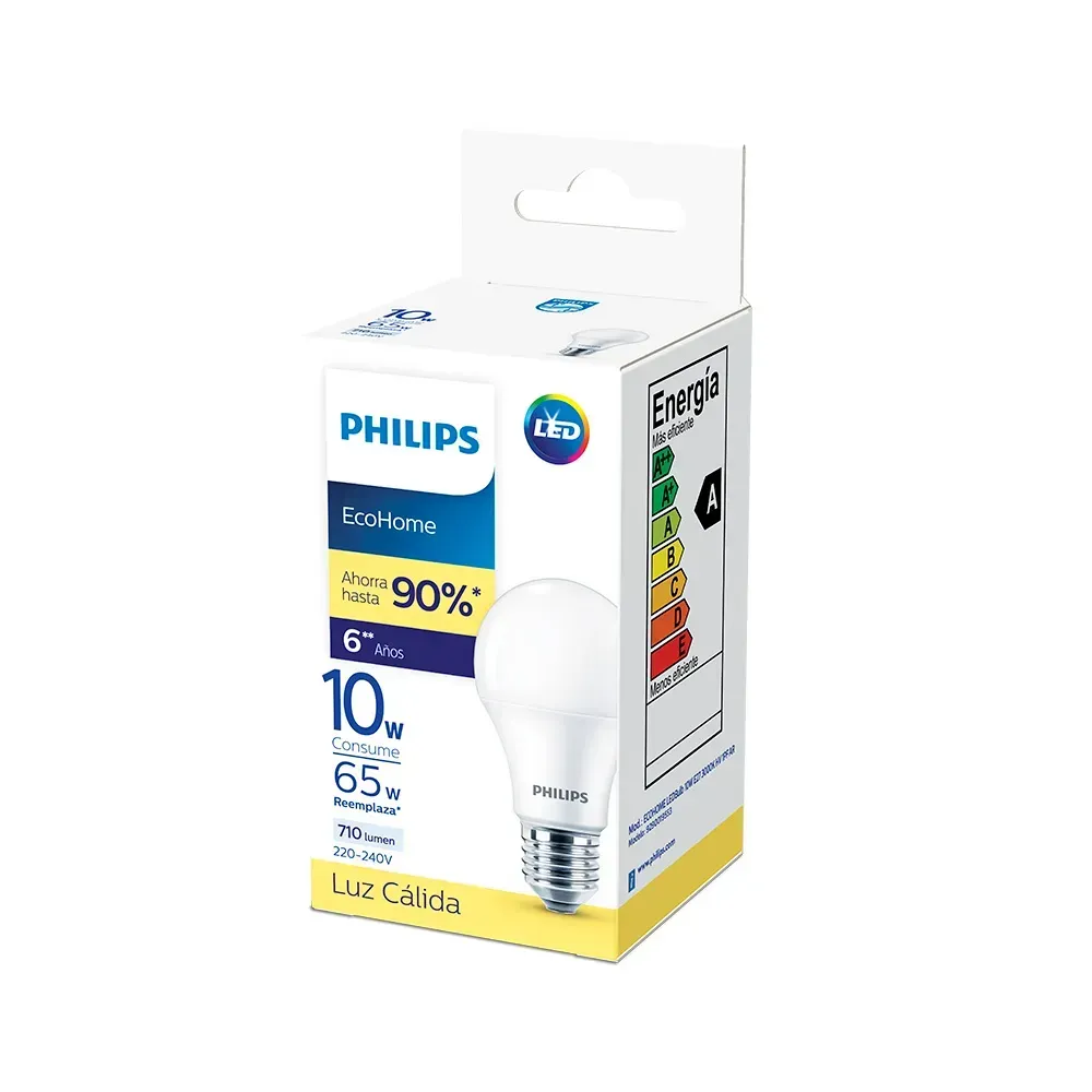 Caja para bombillas LED Philips EcoHome. Blanca con detalles azules. Indica la bombilla y su clasificación energética.