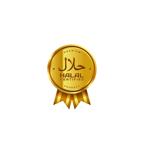 A gold badge that says halal certified product on a white background.
