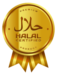 A gold label that says premium halal certified product