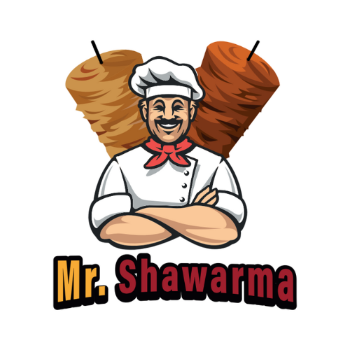 The logo for mr. shawarma shows a chef with his arms crossed.