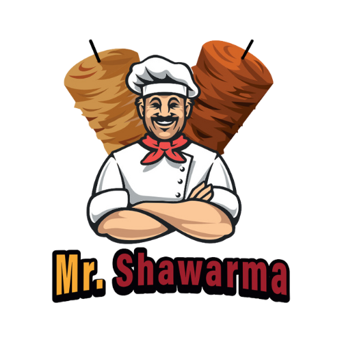 The logo for mr. shawarma shows a chef with his arms crossed.