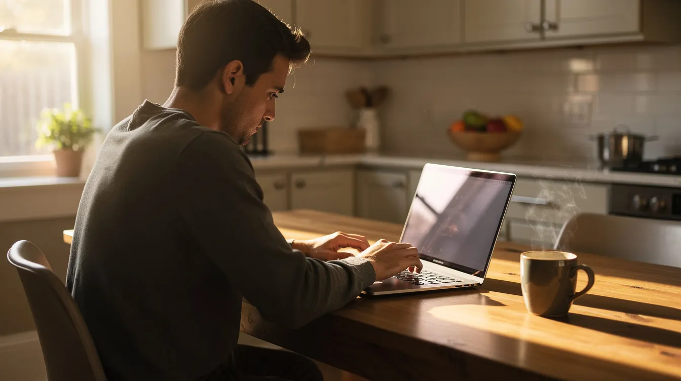 A person sits at a kitchen table with a laptop, searching for mental health services while sipping coffee, reflecting a desire to find a therapist for support with mental health issues. The warm and inviting setting suggests a comfortable space for exploring coping strategies and seeking help.