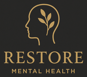 RESTORE Mental Health logo with gold head outline and leaf on a dark background