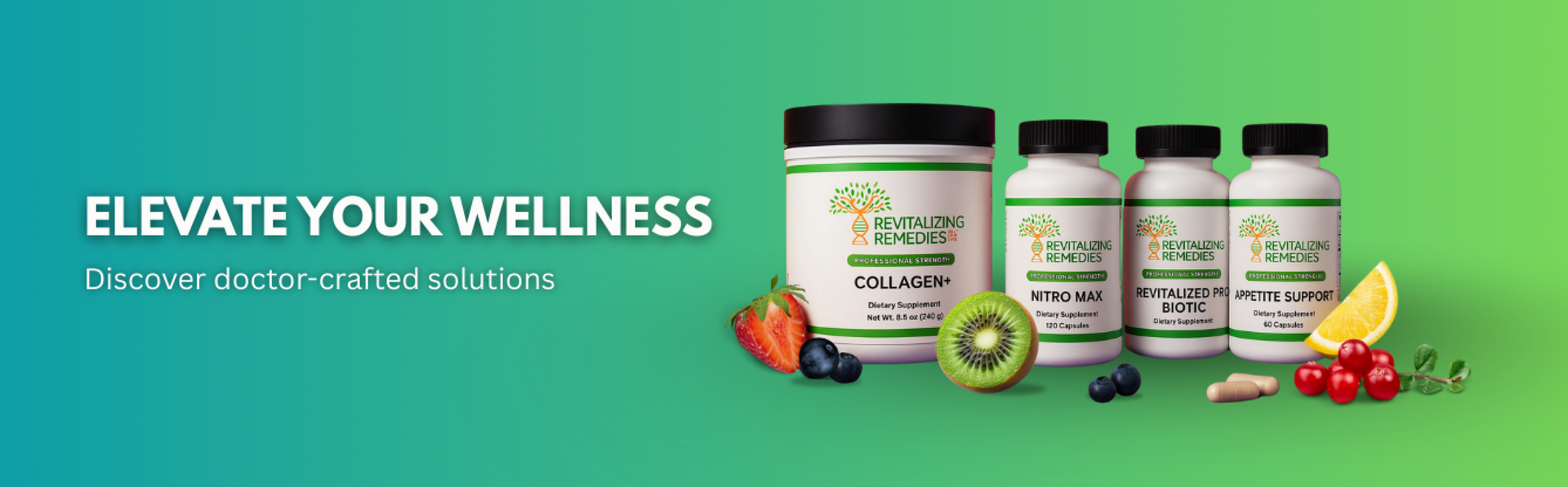 Wellness supplement bottles on a green-to-yellow gradient with fruit and leaves, plus “Elevate Your Wellness” text