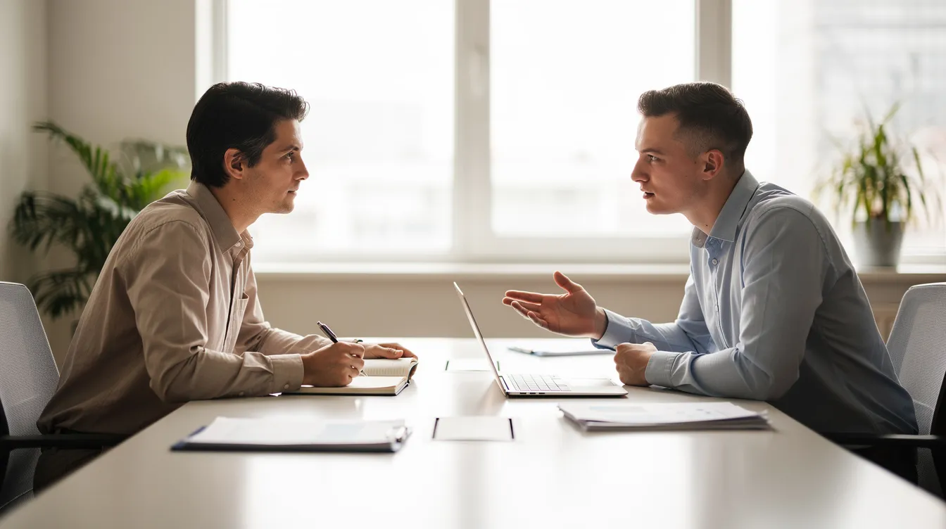 The image shows two individuals engaged in a thoughtful conversation across a desk in a bright, professional environment, likely discussing mental health issues and exploring potential therapy options. This setting suggests a supportive atmosphere, ideal for building a therapeutic relationship with a licensed mental health professional.