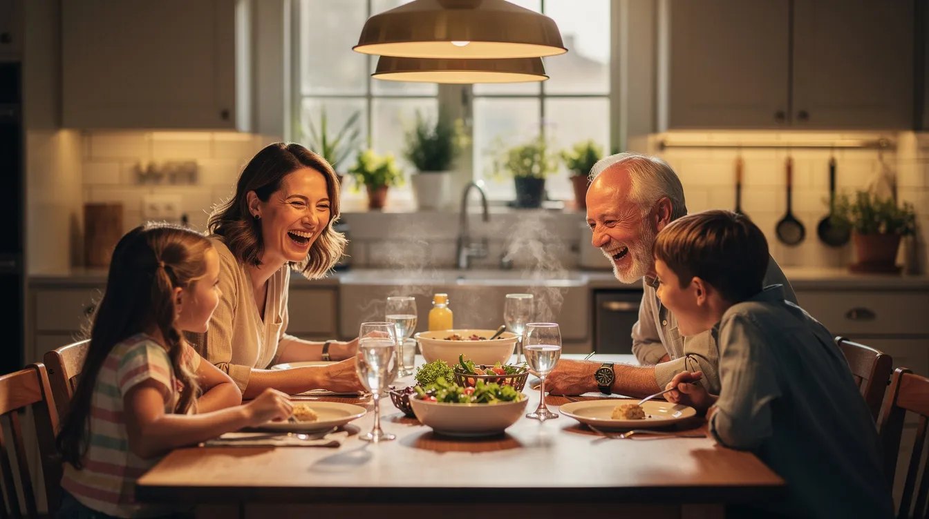 A joyful family is gathered around a dinner table in a warmly lit kitchen, sharing laughter and creating a sense of togetherness, which is essential for managing anxiety and supporting adolescent mental health. This scene reflects the importance of connection and healthy communication in helping young people cope with anxious feelings and daily life challenges.