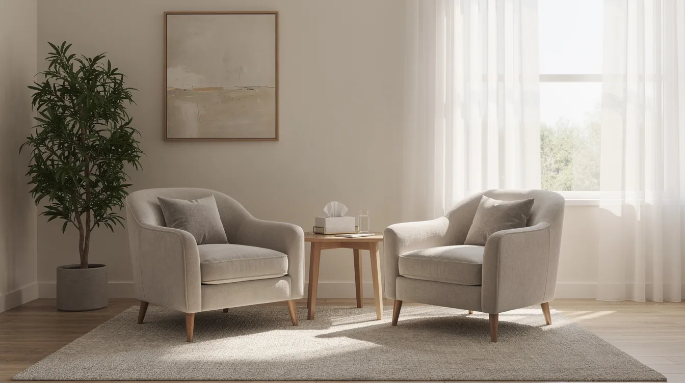 The image depicts a serene therapy office featuring two cozy chairs facing each other, bathed in natural light from a nearby window, creating a welcoming environment for mental health discussions. This setting is ideal for fostering a therapeutic relationship between clients and licensed mental health professionals.