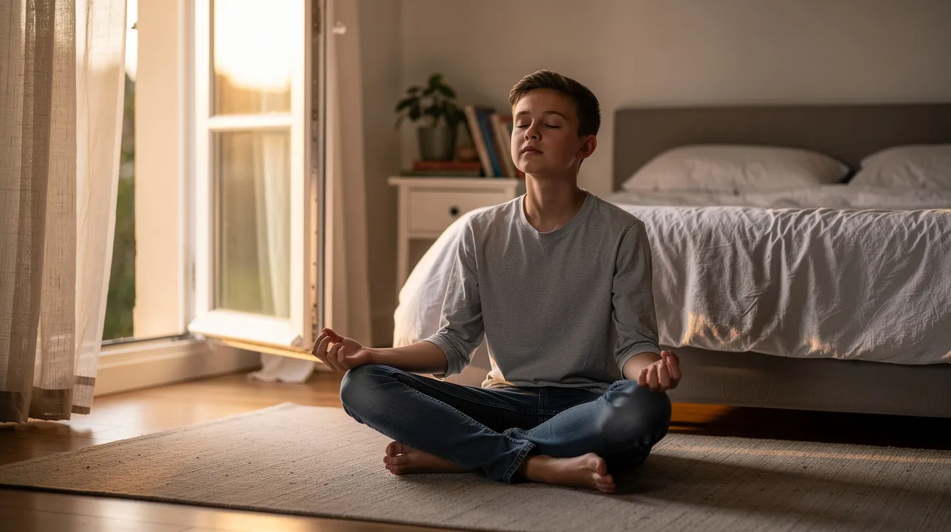 A teenager sits cross-legged on the bedroom floor, eyes closed and practicing deep breathing near an open window, embodying a moment of calm amidst the challenges of anxiety. This scene highlights the importance of coping strategies for managing anxiety symptoms and supporting adolescent mental health.