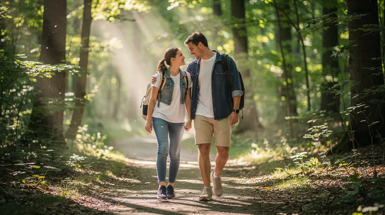A parent and their teenager stroll together along a sunny, wooded trail, enjoying the fresh air and each other's company. This moment emphasizes the importance of physical activity and connection in managing anxiety and supporting adolescent mental health.