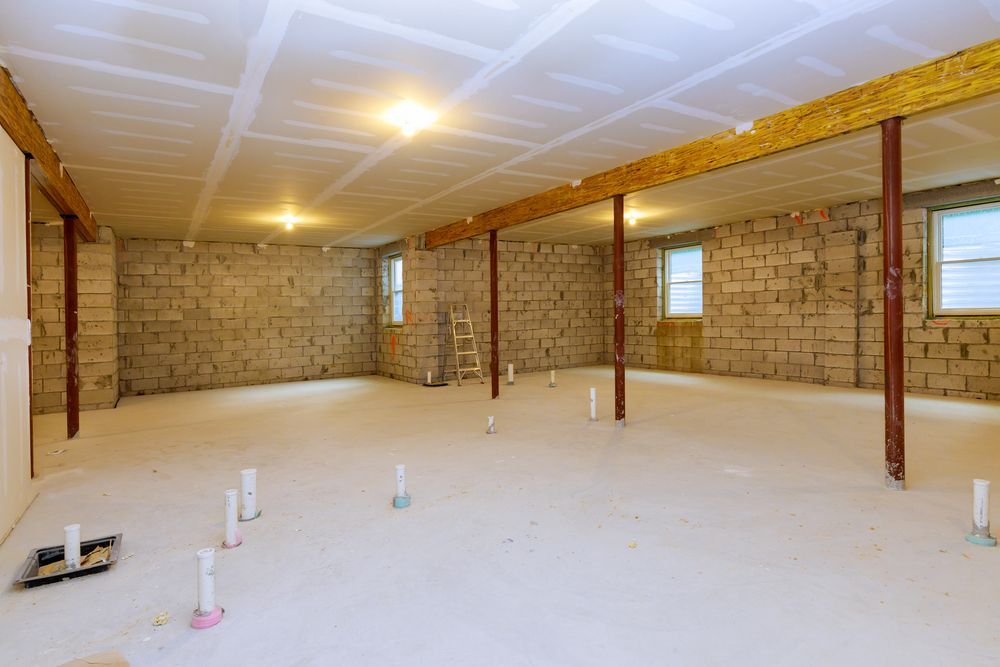 Unfinished basement interior with concrete walls, ceiling joists, and exposed pipes in a large open space