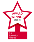 Red star award badge reading “Award Winner 2023-25” with Fair Education Alliance logo