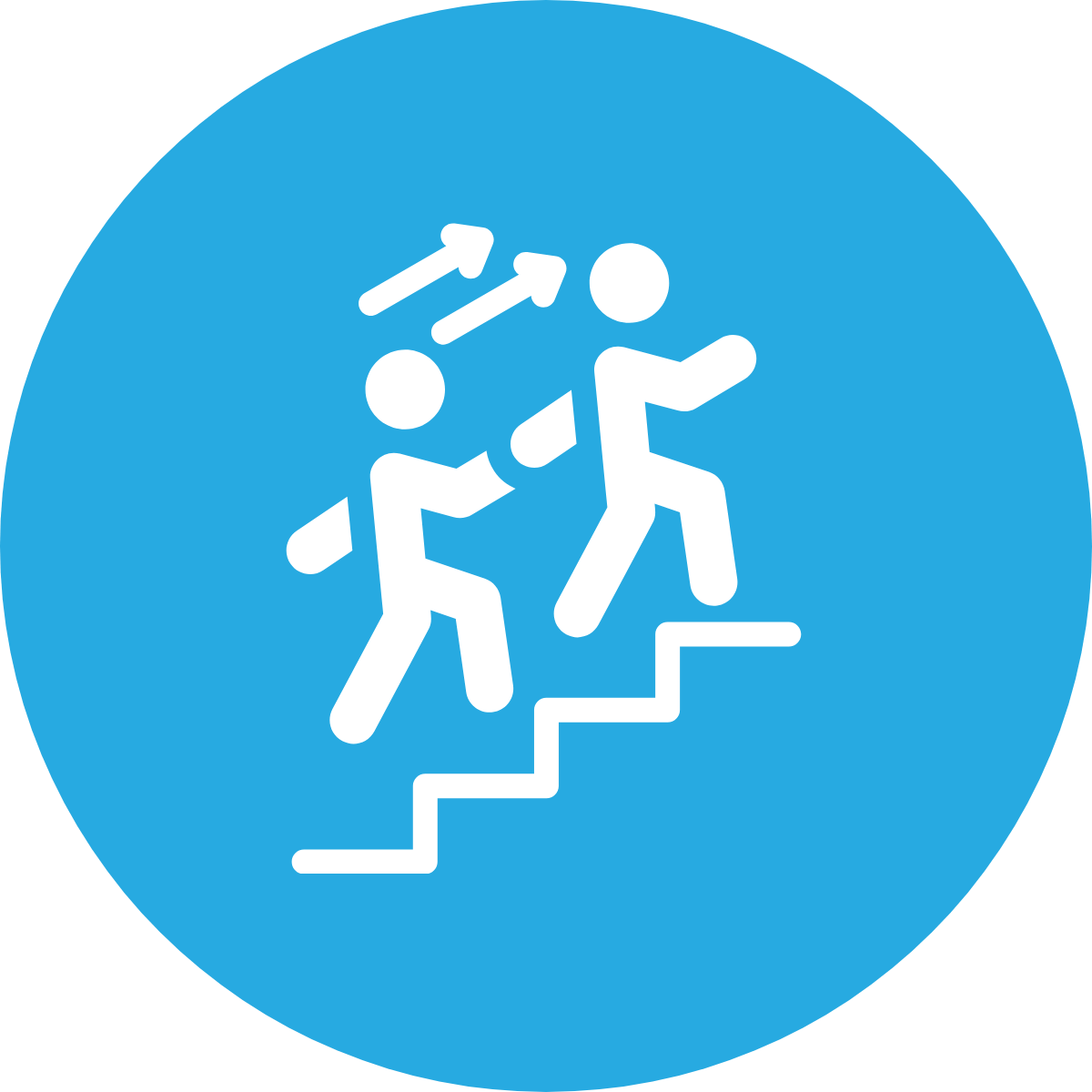 White figures climbing stairs on a blue circular sign with upward arrows.