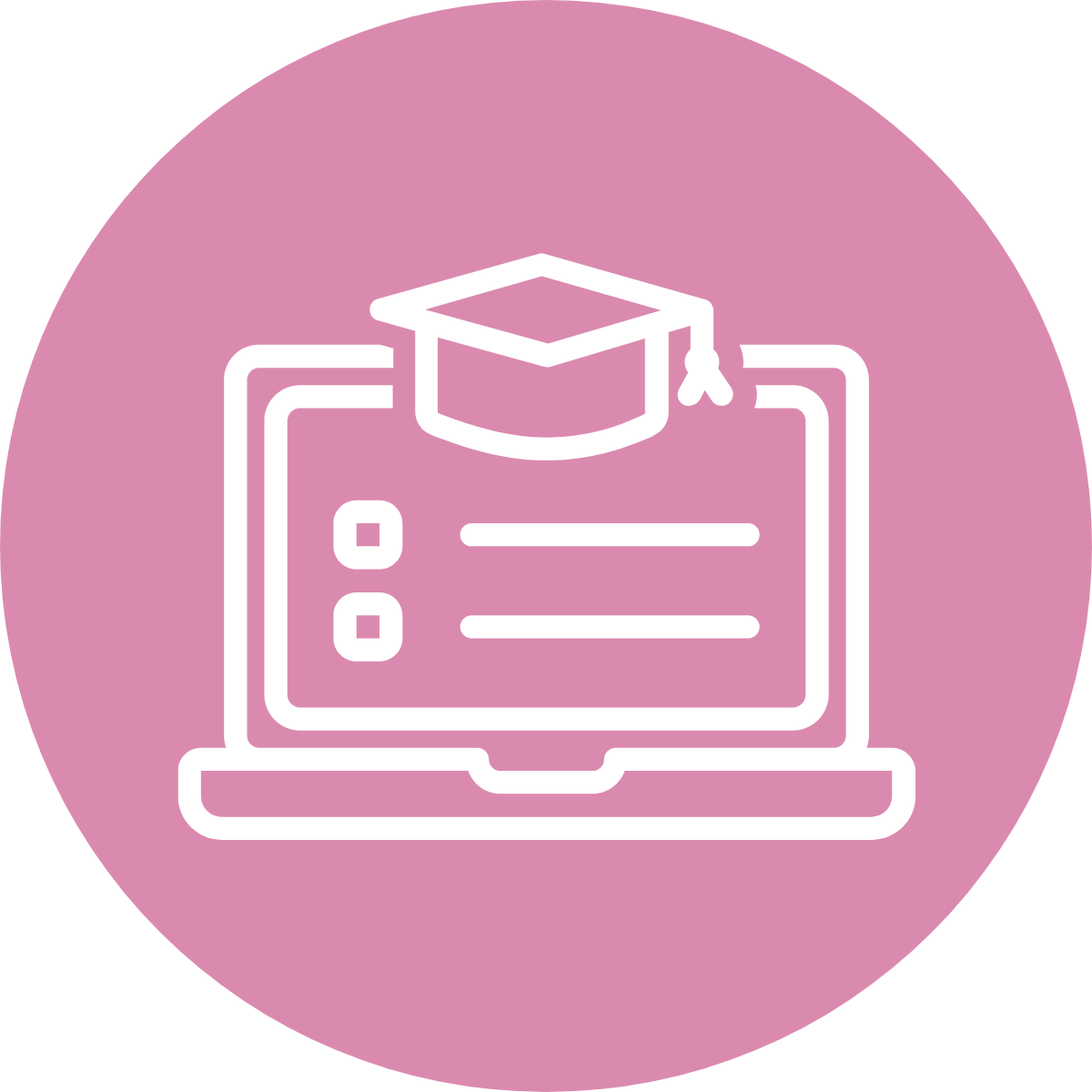 Pink circular icon of a laptop with a graduation cap and checklist lines
