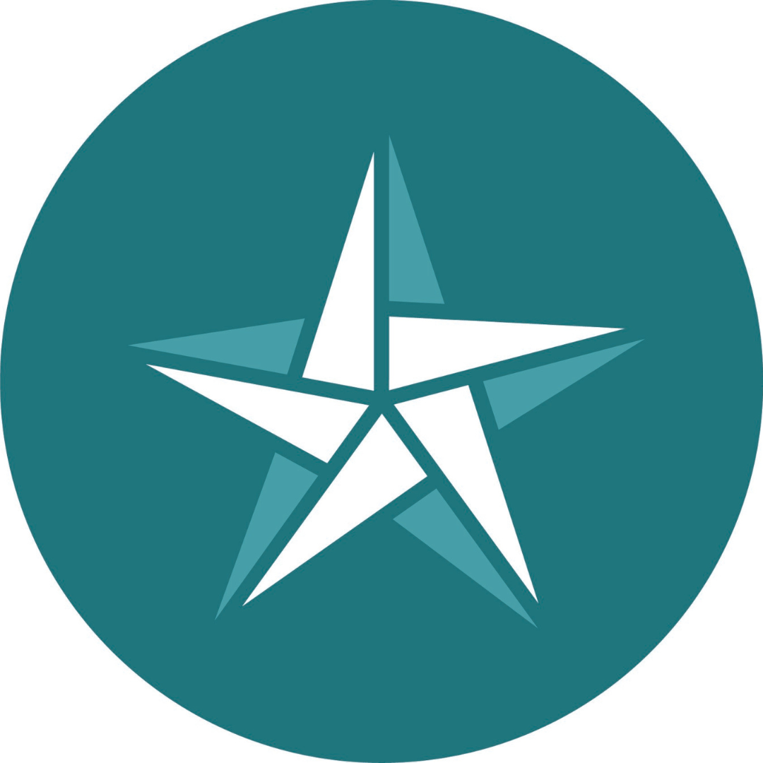 Teal circle with a white stylized five-point star logo in the center