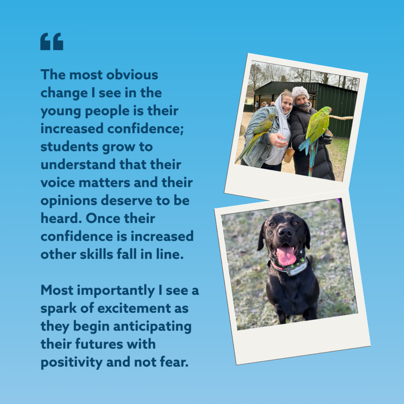 Quote about supporting young people, beside two tilted photos on a blue background.