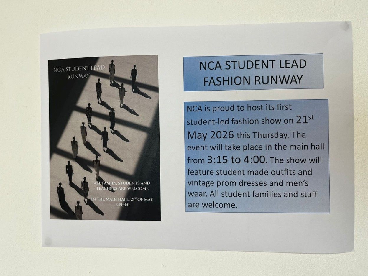 Flyer for NCA Student Lead Fashion Runway event with black-and-blue text and a runway silhouette image