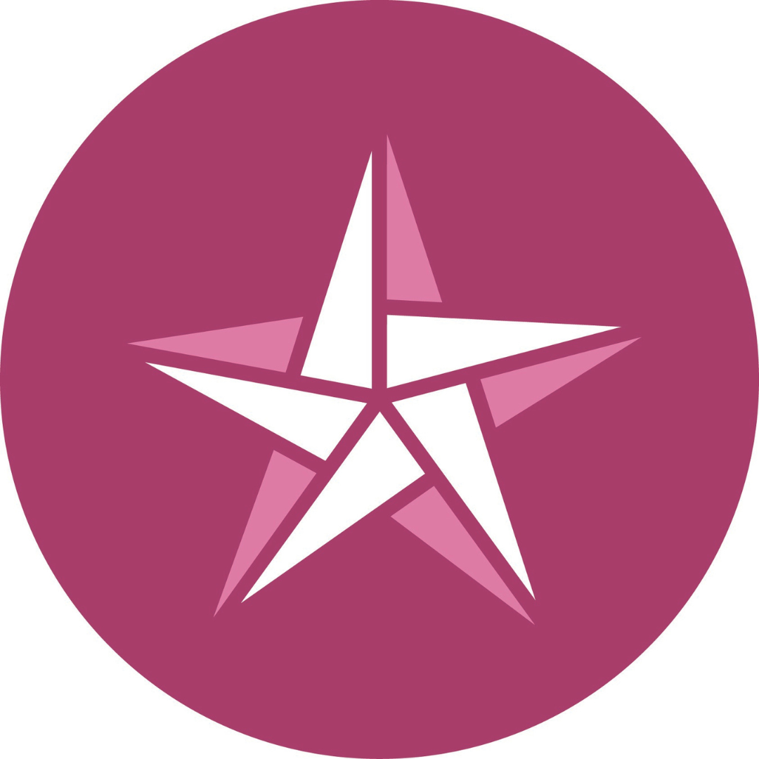 White five-point star emblem on a magenta circular background