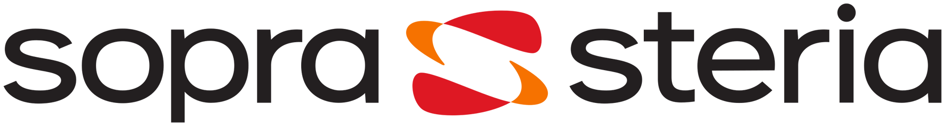 Sopra Steria logo with black text and a red-orange stylized emblem on a white background