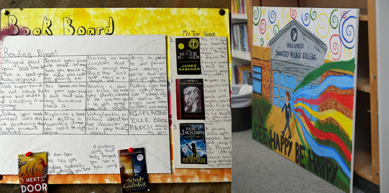 Community bulletin board with handwritten notes and colorful student artwork on a wall