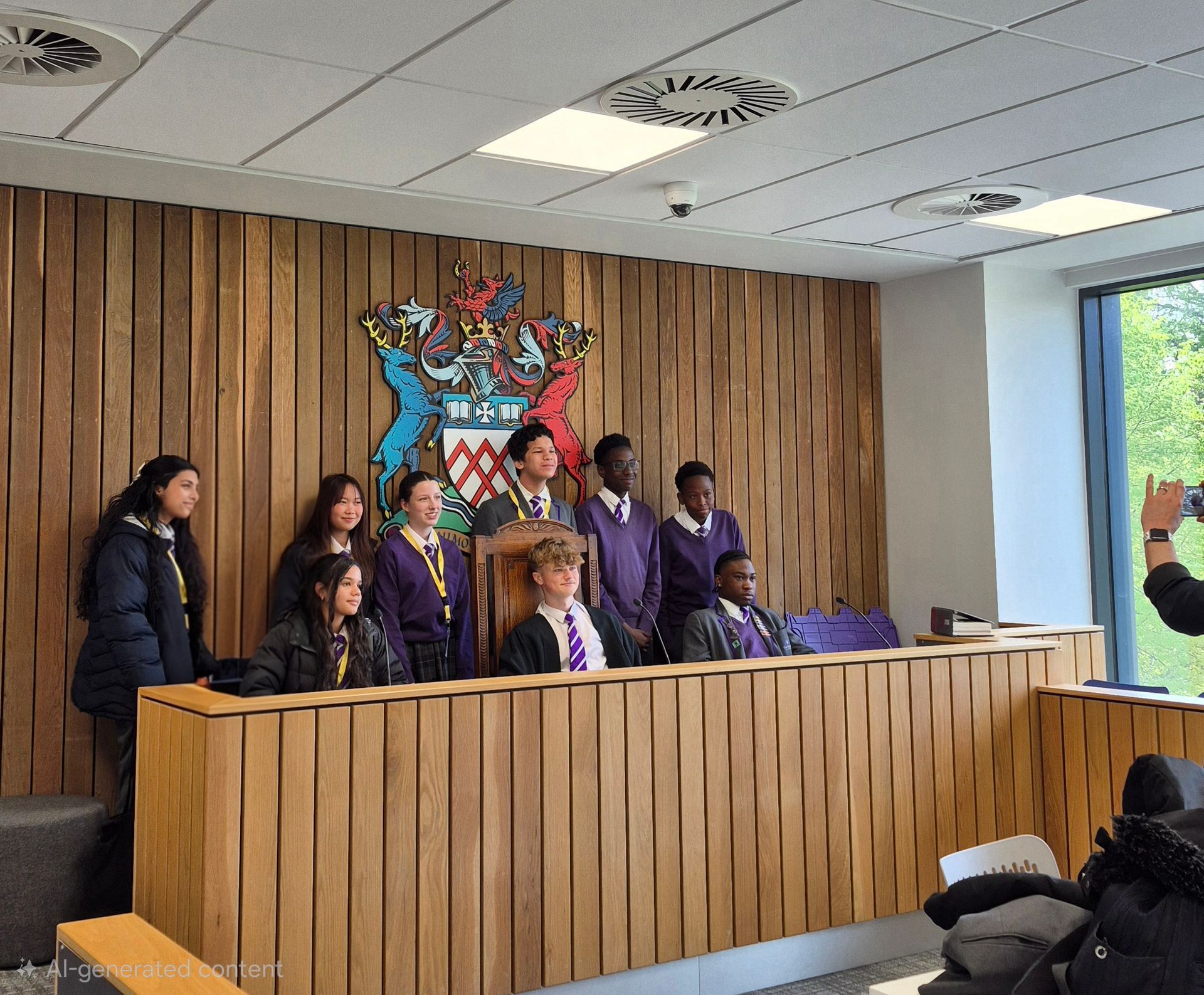 People seated at a council dais in a wood-paneled meeting room with a coat of arms on the wall.