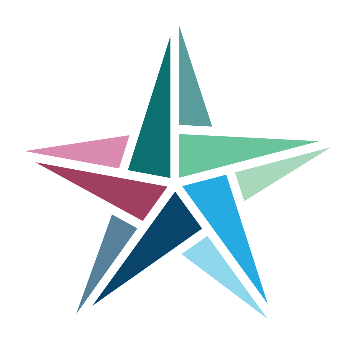 Abstract five-point star logo in teal, blue, pink, and green on a white background