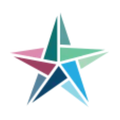 Multicolored abstract five-point star logo in teal, blue, green, and pink on a white background