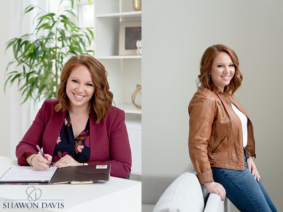 Woman in a magenta blazer sitting at a desk; another woman stands beside a couch in a bright office.