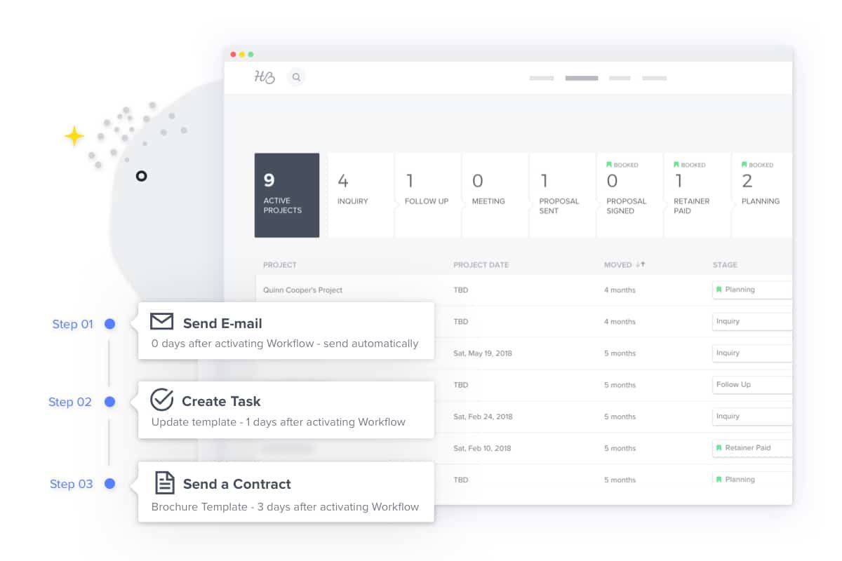 Light gray CRM dashboard with task cards for sending email, creating a task, and adding a contact.