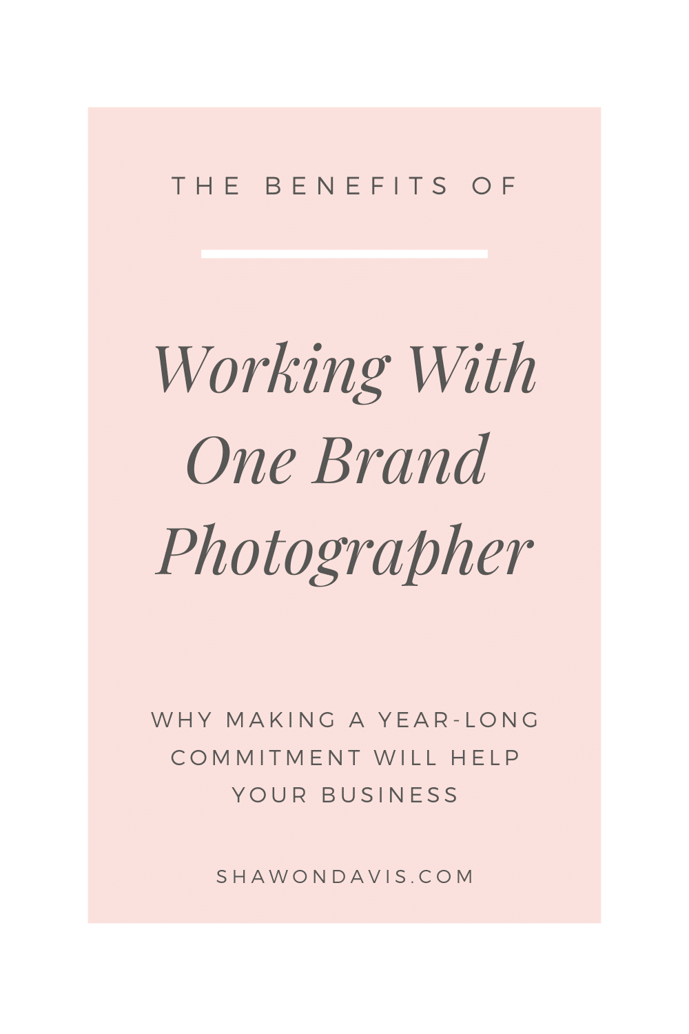 Pink promotional graphic reading “The Benefits of Working With One Brand Photographer” with supporting text and website URL
