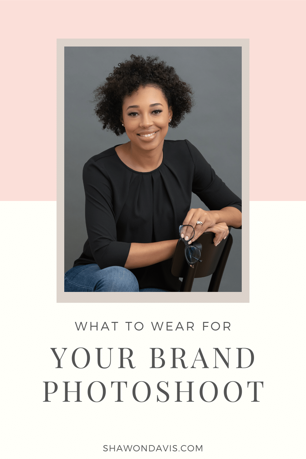Brand photoshoot guide cover with a smiling woman in a black top on a soft pink background.