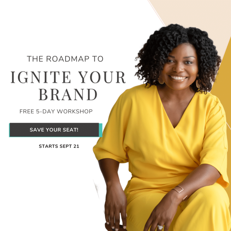 Promotional graphic for “Ignite Your Brand” free 5-day workshop with a smiling woman in a yellow dress