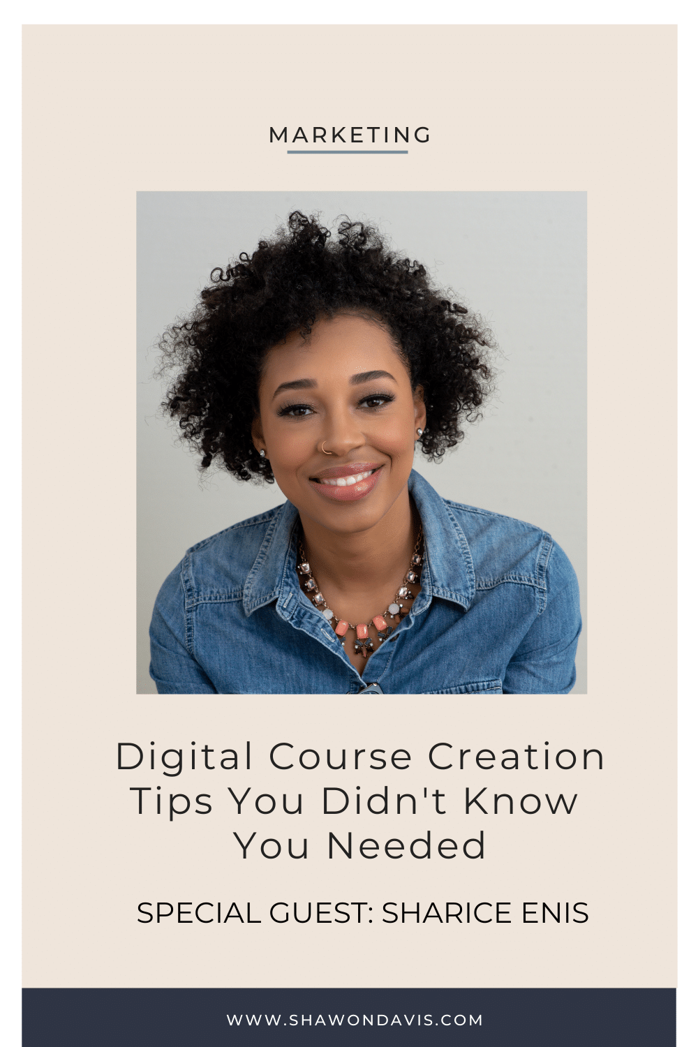Podcast cover for “Digital Course Creation Tips You Didn’t Know You Needed” with smiling host portrait on beige background