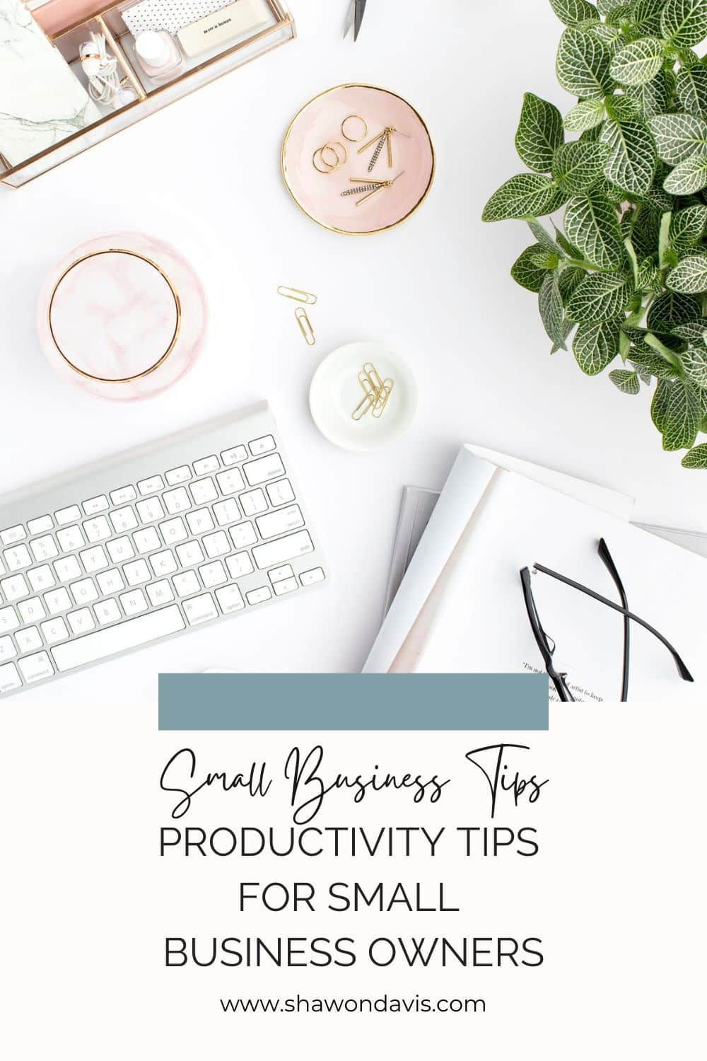 Pastel desk flat lay with keyboard, coffee, plant, and text: Productivity tips for small business owners