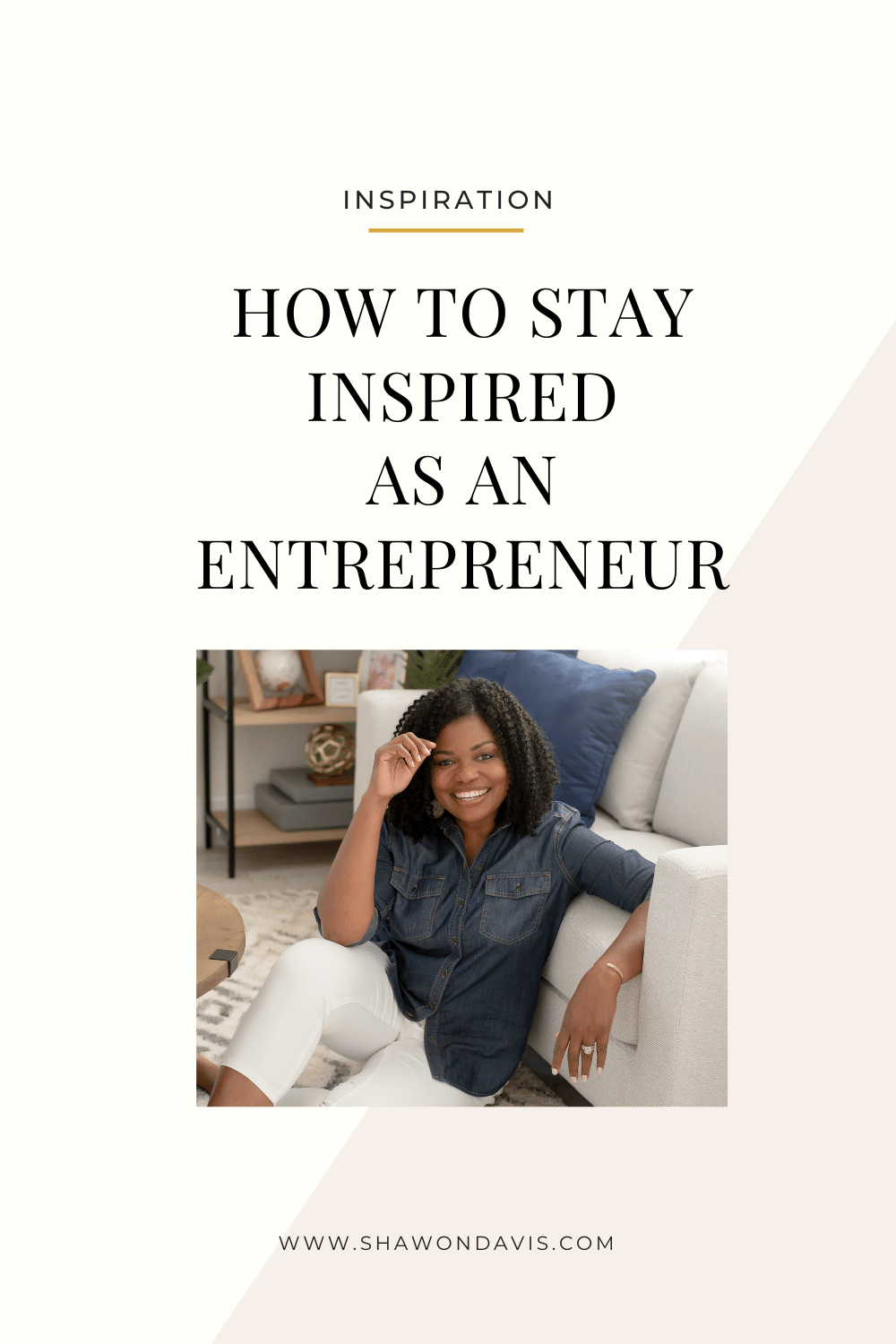 Book cover reading “How to Stay Inspired as an Entrepreneur” with a smiling person sitting on a couch