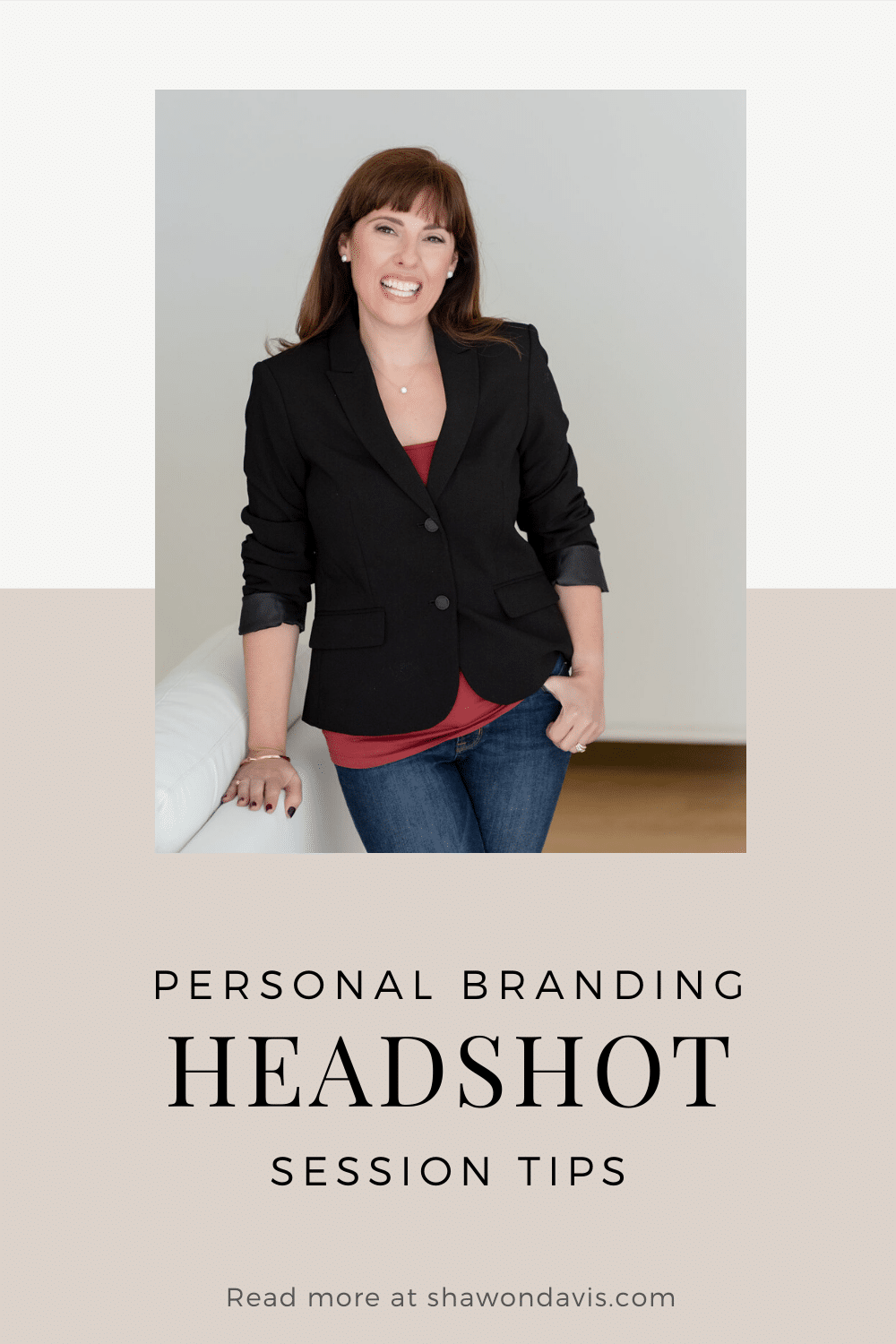 Woman in black blazer posing in a studio for a personal branding headshot session tips poster