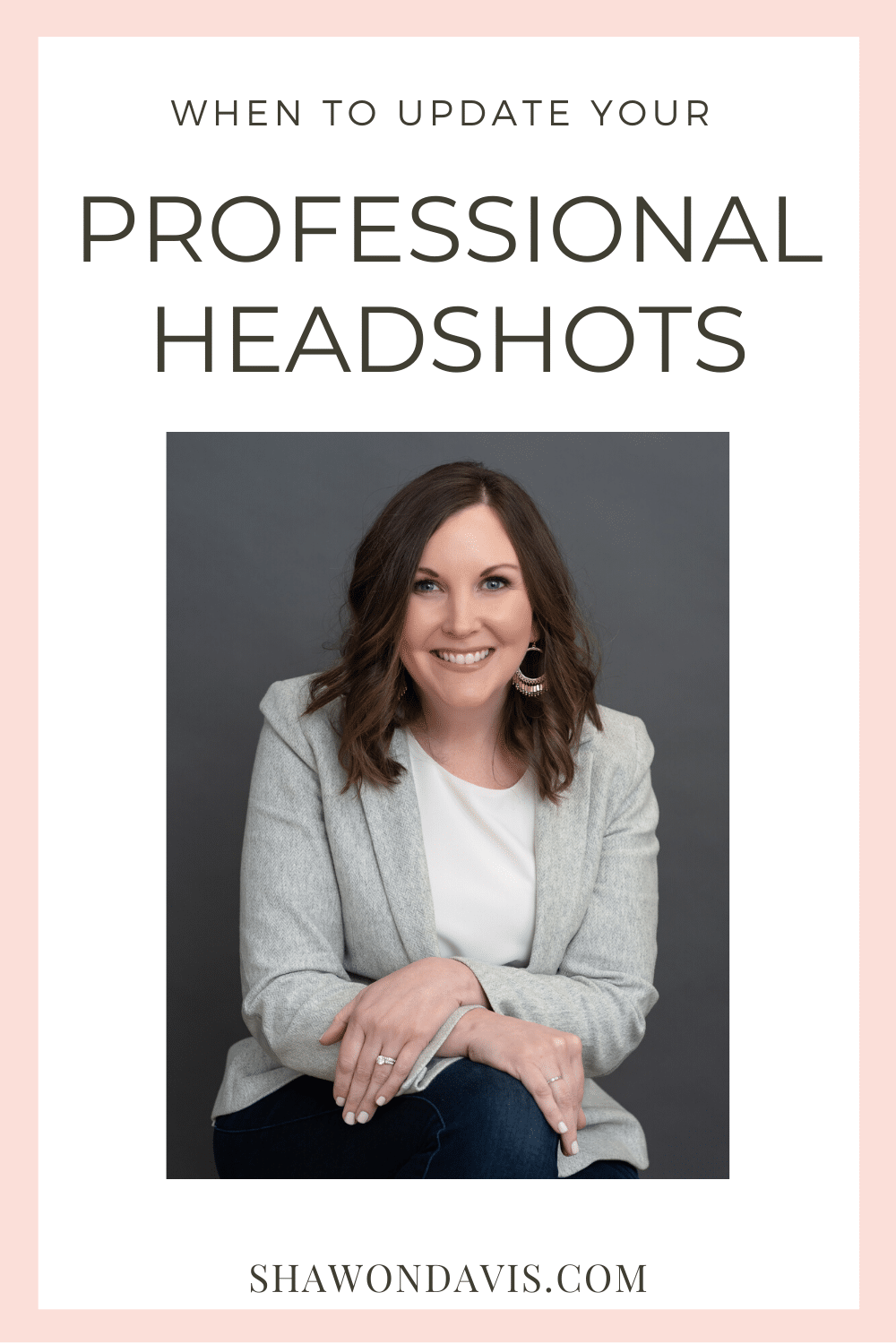 Professional headshots update tip with woman posing against a gray background