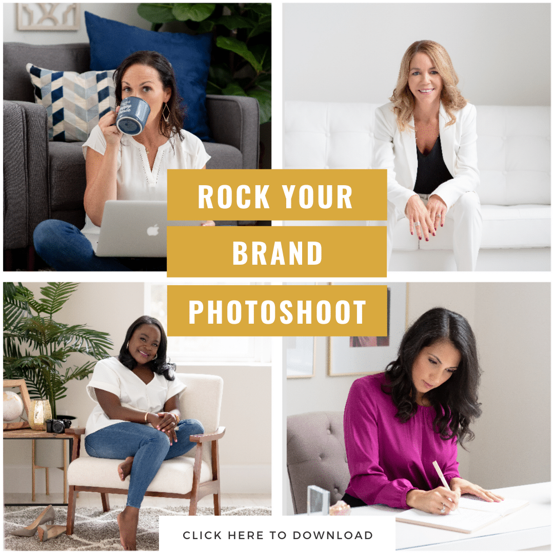 Collage of women posing in a bright studio with text: “Rock Your Brand Photoshoot” and “Click here to download”