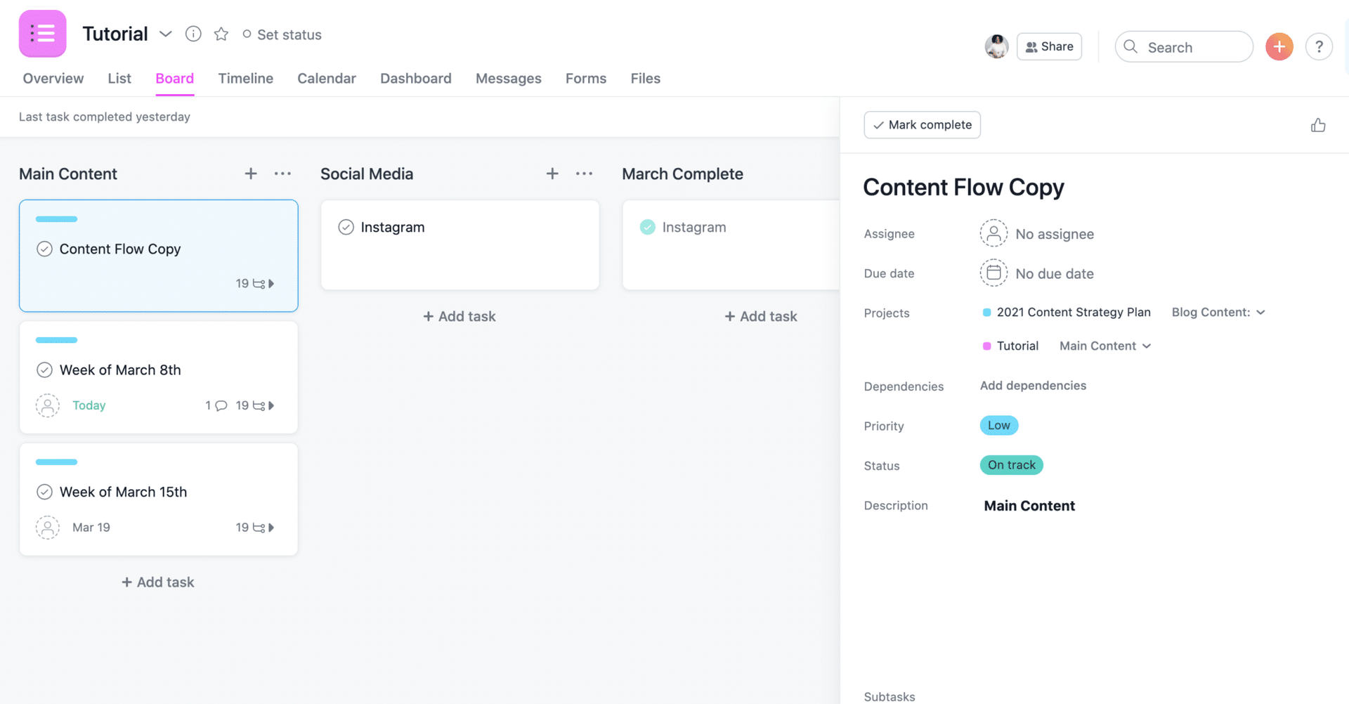 Kanban-style project board with multiple task cards and a details panel for “Convert Flow Copy”