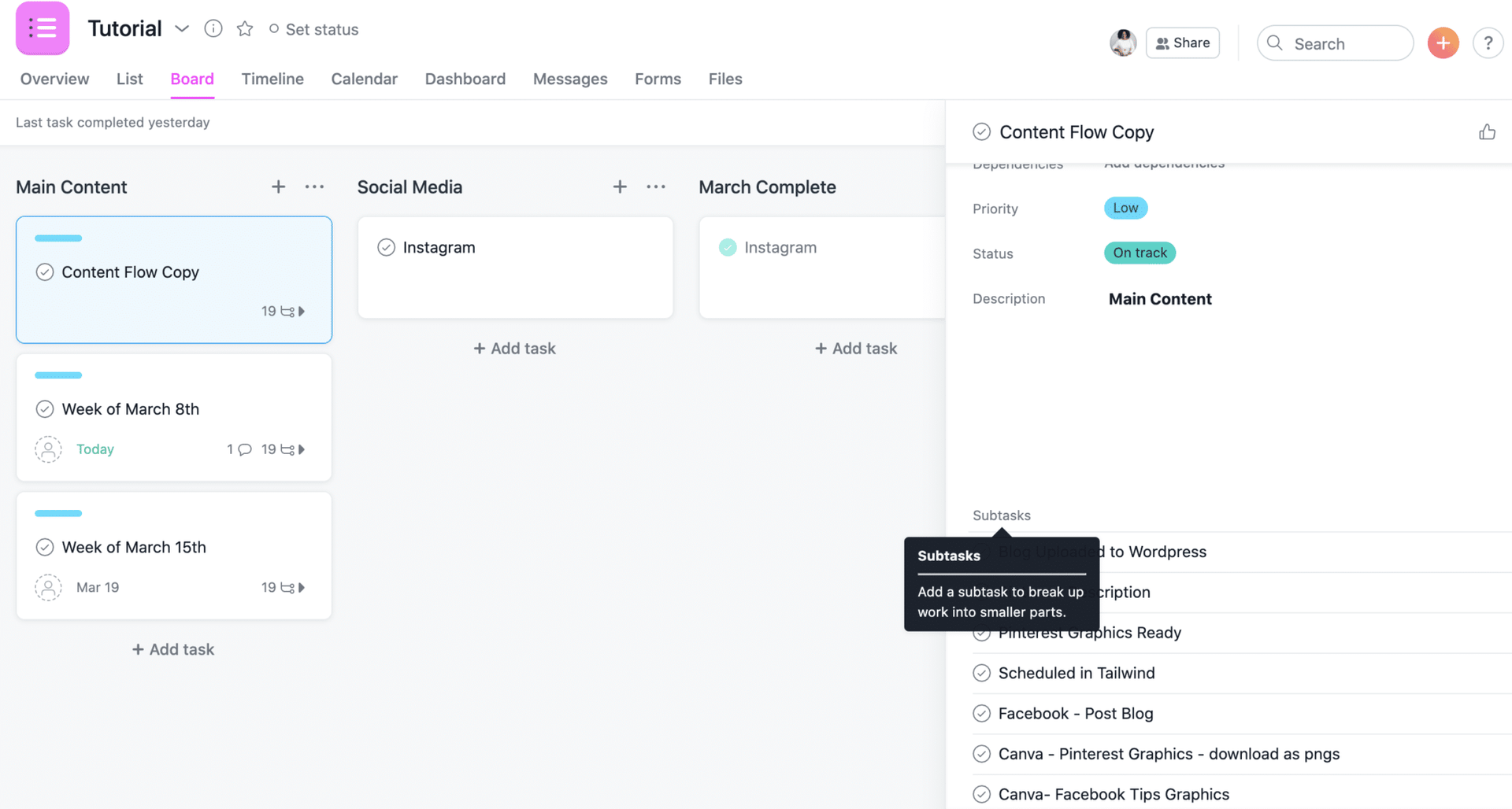 Project management kanban board with task cards and a right-side task details panel open.