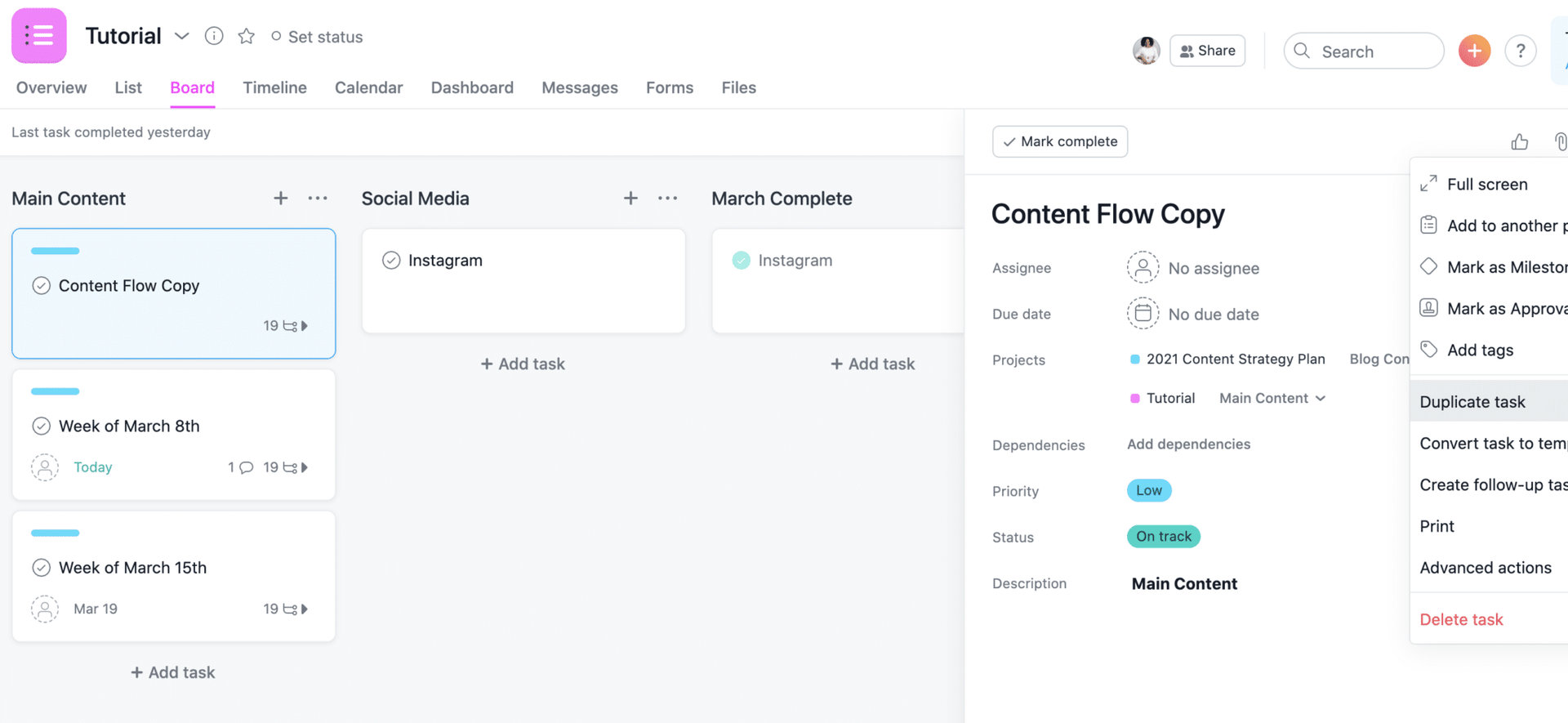A web app dashboard with a kanban board and a task details panel for “Content for Crop.”