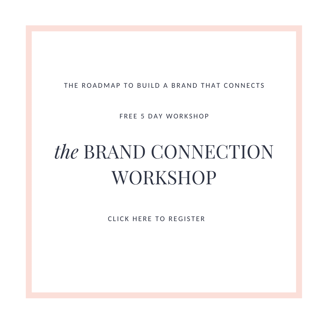 Light pink framed workshop flyer with “The Brand Connection Workshop” and “Click here to register” text.