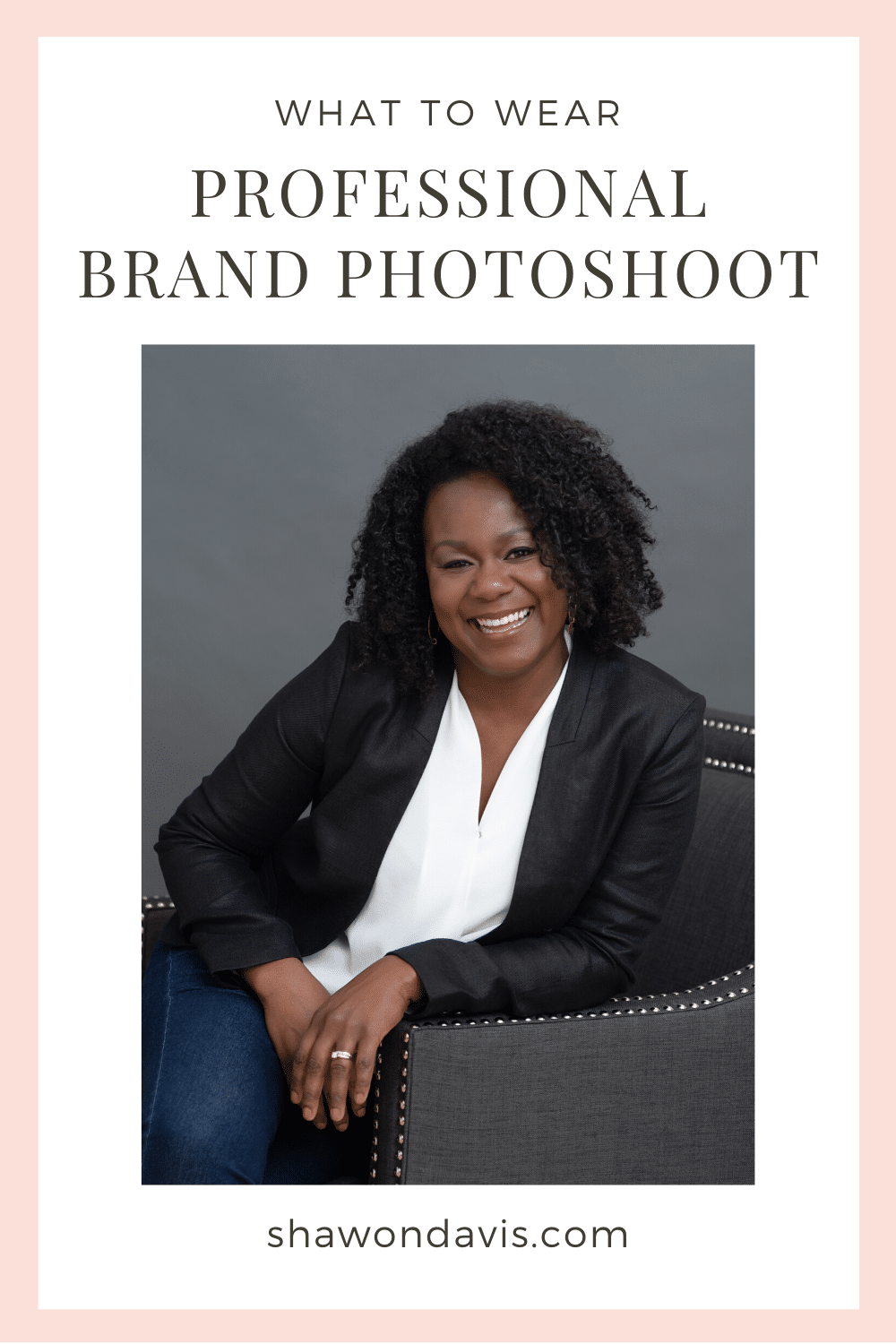 Professional brand photoshoot guide cover featuring a smiling woman in a black blazer against a pink background.
