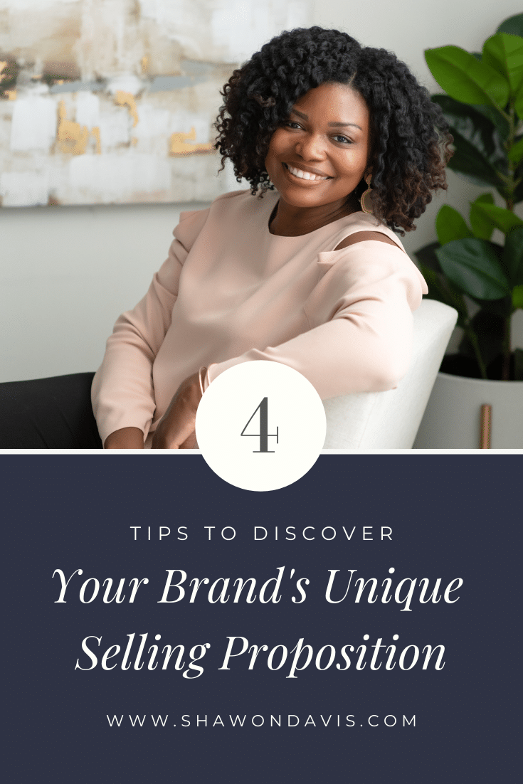 Smiling woman seated in a white chair beside text: “Tips to Discover Your Brand’s Unique Selling Proposition.”