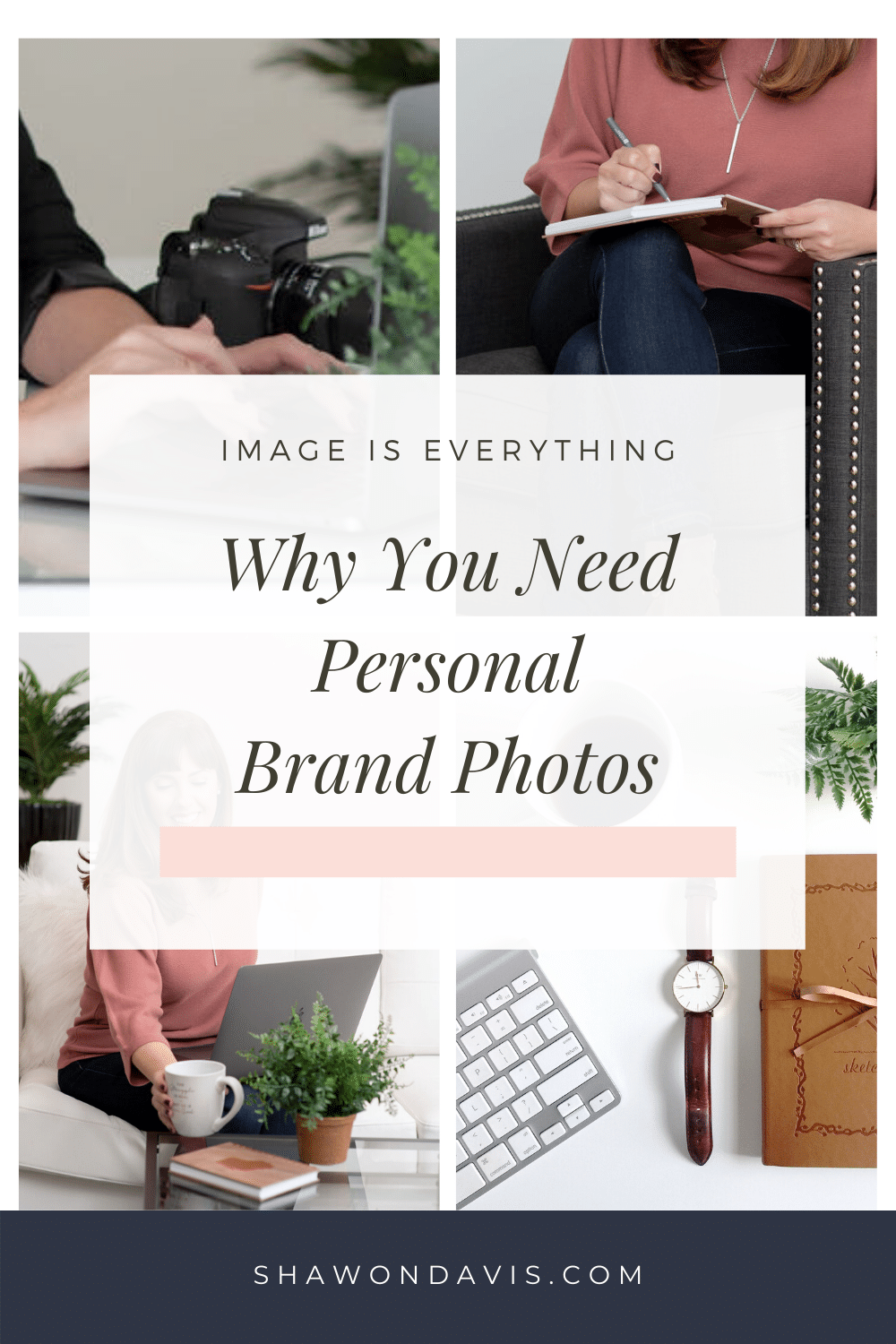 Collage poster titled “Why You Need Personal Brand Photos” with lifestyle photos and desk accessories