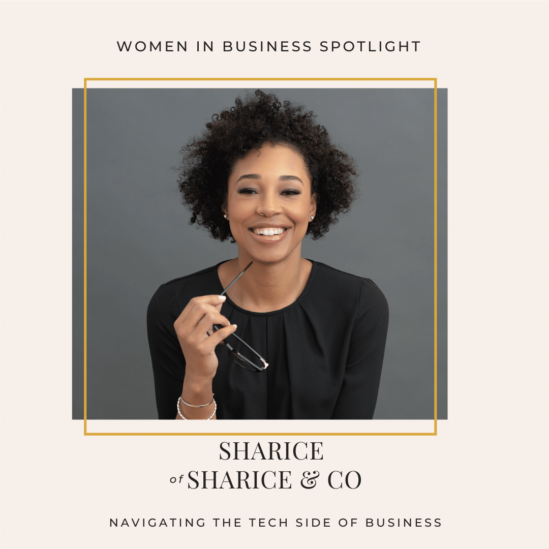 Woman smiling in black top for Women in Business Spotlight, framed portrait with gold border and business name text