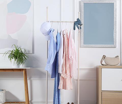 Clothing rack with pastel dresses beside a mirror and plant in a bright minimalist room